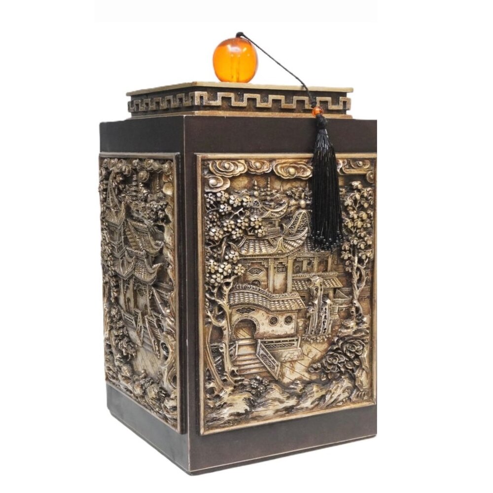 Ornate Chinese Architectural Scene Decorative Storage Box With Amber Glass Finia